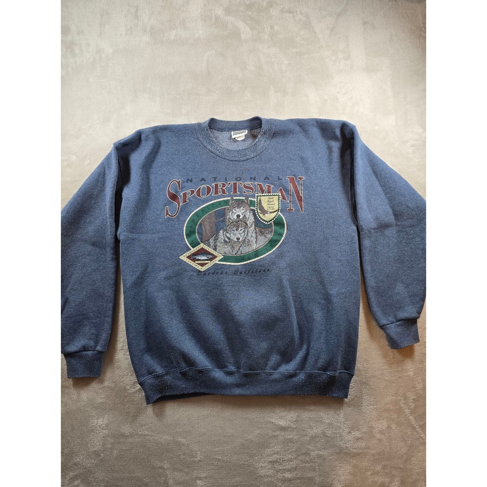 Vintage Sweatshirt Mens XL Blue National Sportsman Wolf Nature USA Made *Read